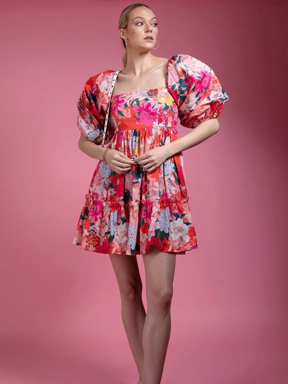 Cara Cara Sip Sip Puff Sleeve Floral Mini Dress Red Pink Feminine Size Large